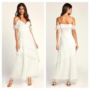 NWT Lulus Radiant in Ruffles White Lace Cold Shoulder Maxi Dress XS Bridal